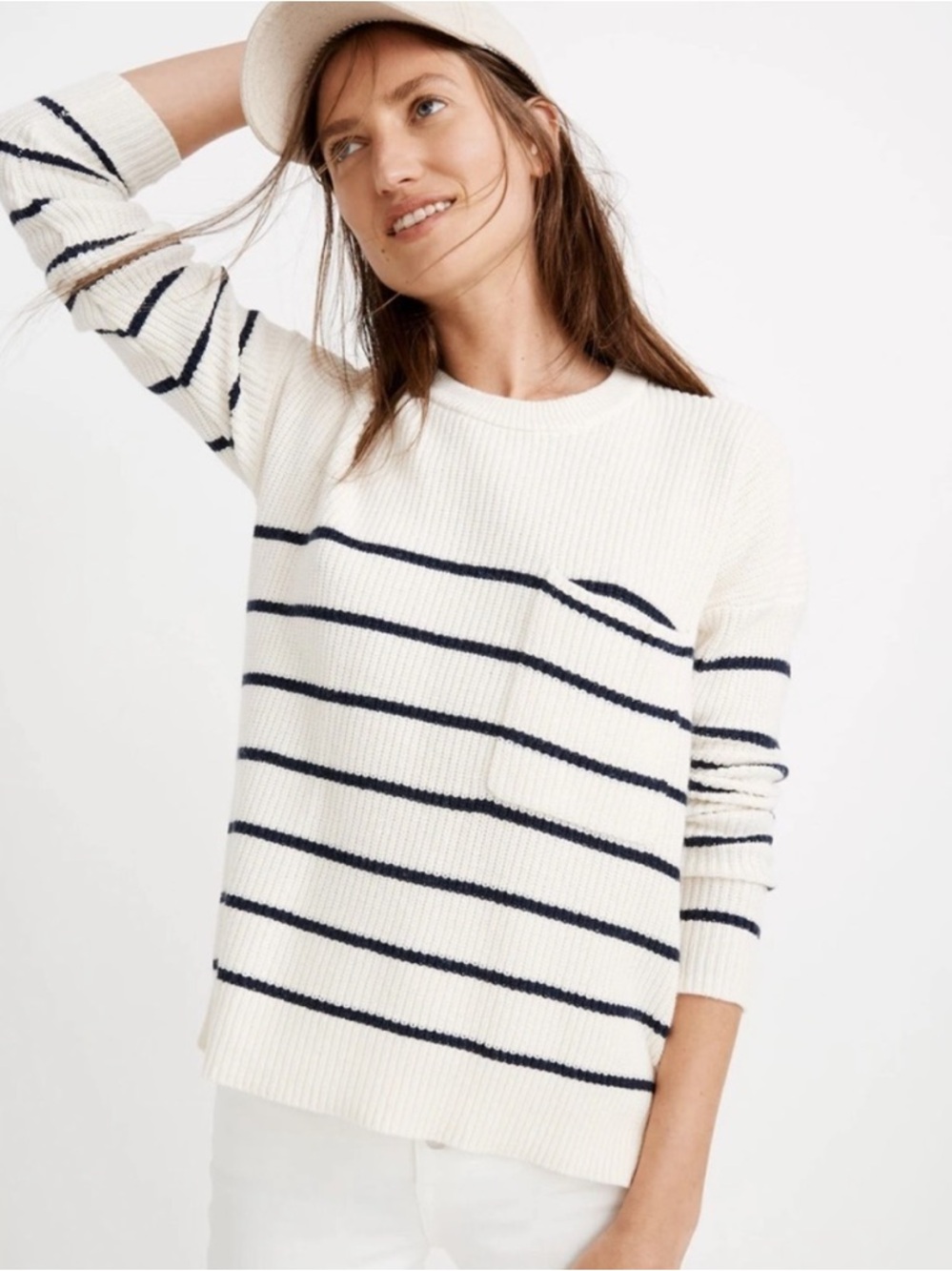 Madewell Cream Navy Stripe Ribbed Knit Crewneck Sweater Pocket XS